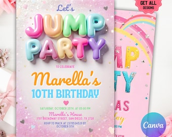 Uitnodiging Springen Bewerkbare verjaardagsuitnodiging Trampolinefeest Bounce House Jump Party Let's Jump Girl bewerkbare afdrukbare