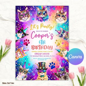 Editable Cat Birthday Invitation, Cat Theme Birthday Invitation, Are You Kitten Me Birthday, Paw-ty Birthday Invite, Rainbow, Digital