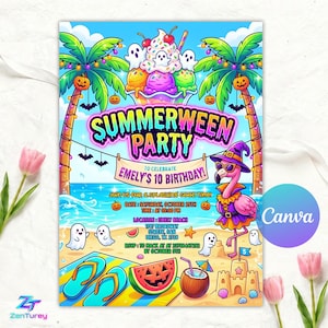 May include: A colorful Summerween party invitation for Emely's 10th birthday featuring a beach scene with palm trees, ghosts, a flamingo in a witch hat, a sandcastle, flip-flops, and a watermelon jack-o'-lantern under a bright blue sky.