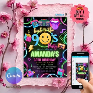 Editable 90s Birthday Party Invitation back to the 90s Neon party glow dance disco 2000s birthday 90s instant download, 90s Design Invite