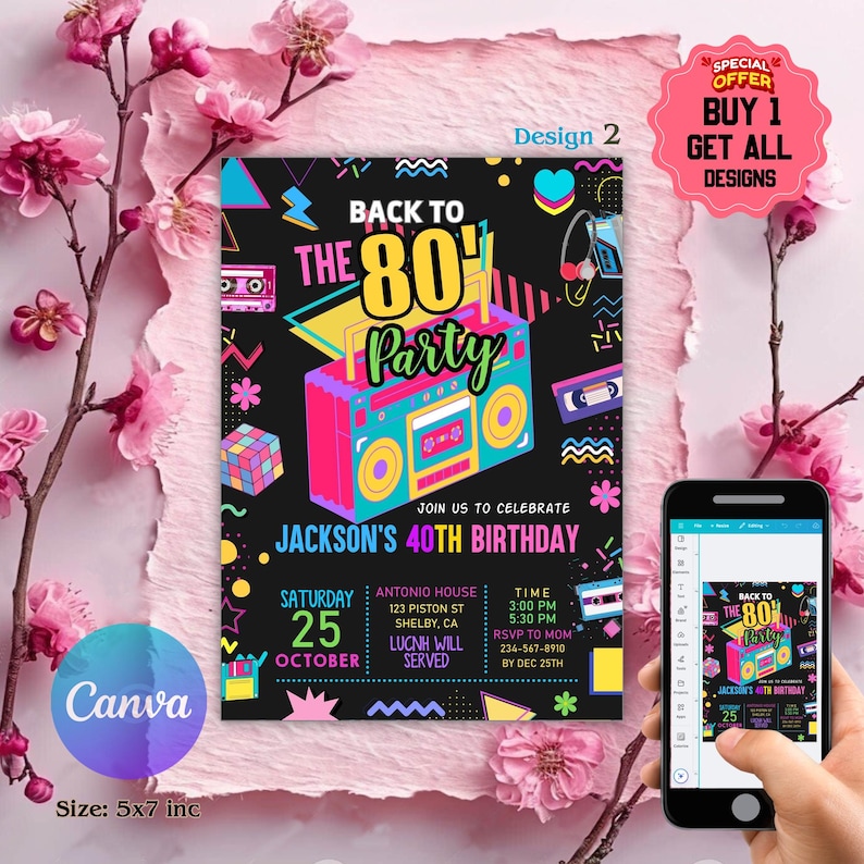 Editable 80s Birthday Party Invitation, Back To The 80s, Throwback Party, Neon Party, Glow Dance, 2000s Birthday, 80s Invitation