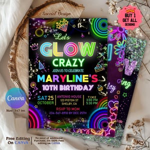 Glow Party Birthday Invitation, Glow Invitation, girl, boy, Neon Party Invite, Neon Lights, Glow Party Template, Editable Canva, Glow Evite