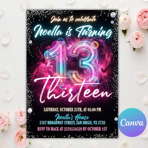 May include: A rectangular birthday invitation card featuring a black background with pink and blue nebula clouds, silver glitter accents, and the text: Join us to celebrate Noella is Turning 13 Thirteen, Saturday, October 25th, at 05:00 PM, Noella's House, 1787 Broadway Street, San Diego, TX 2738, RSVP to Mack at 2378534529 by October 1st.