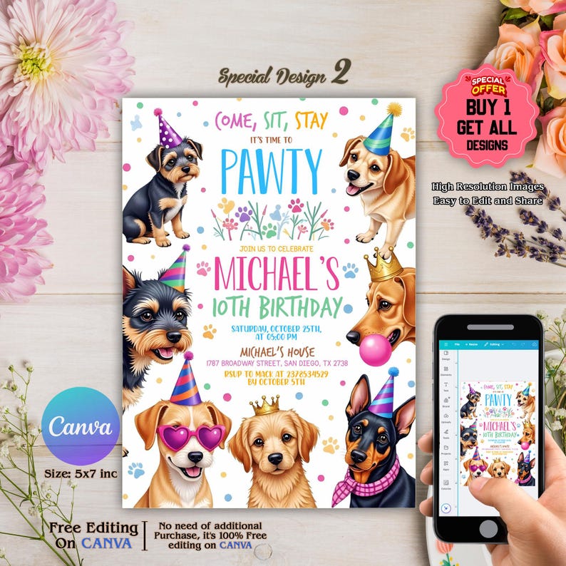 Editable Dogs Birthday Party Invitation, Calling All Pawty Animals ...