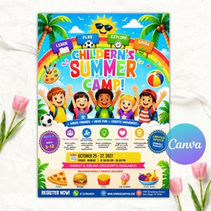 May include: A colorful flyer for Children's Summer Camp featuring five diverse children, a bright sun, palm trees, and a rainbow. The text includes dates October 25-27, 2027, activity icons, and food illustrations like pizza, burgers, and fruit.