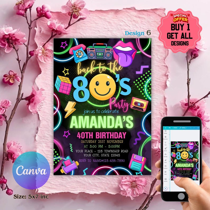 Editable 80s Birthday Party Invitation, Back To The 80s, Throwback Party, Neon Party, Glow Dance, 2000s Birthday, 80s Invitation