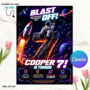 Space Birthday Invitation, Blast Off Rocket 7th Birthday Party Invite, Outer Space, Astronaut 5th 6th 7th 8th 9th , Canva Template