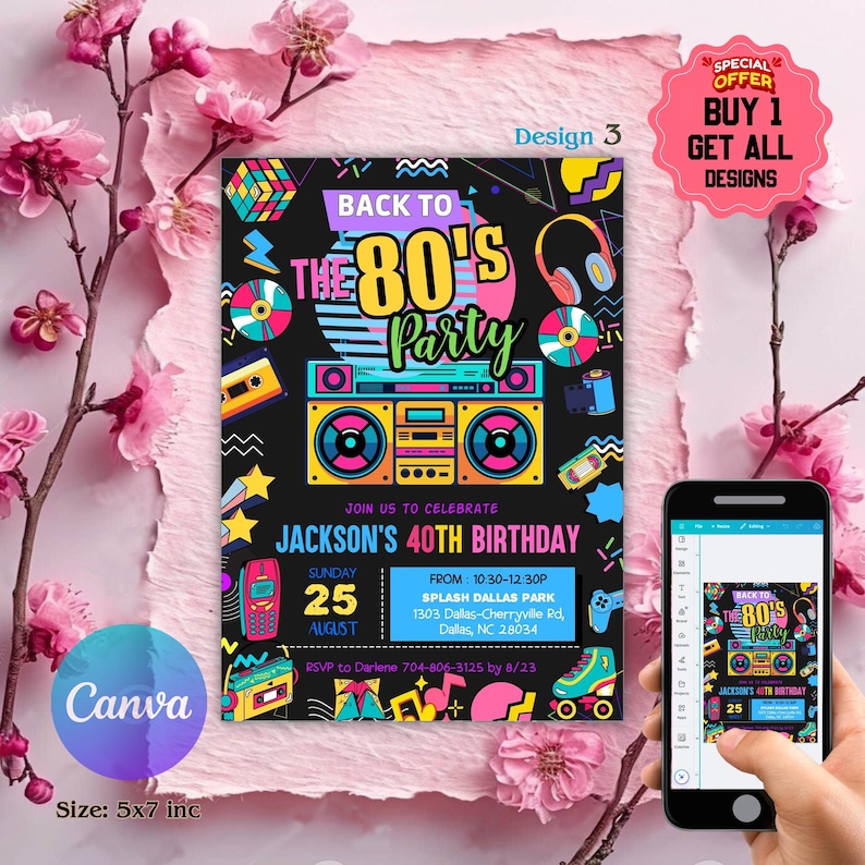 Editable 80s Birthday Party Invitation, Back To The 80s, Throwback Party, Neon Party, Glow Dance, 2000s Birthday, 80s Invitation