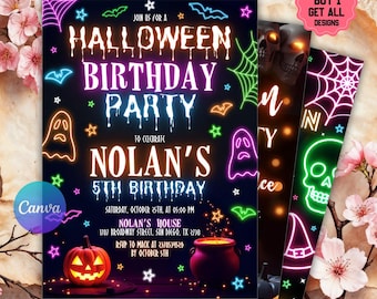 Editable Neon Halloween Birthday Invitation, Halloween Invitation, Kids Halloween Birthday, Halloween Spooky Party Invite, Halloween Neon