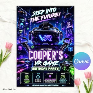 May include: A digital invitation for Cooper's VR game birthday party featuring a black VR headset, two controllers, and neon city graphics. Text includes STEP INTO THE FUTURE, COOPER'S VR GAME BIRTHDAY PARTY, and event details for October 25th.