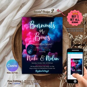 Burnouts or Bows Gender Reveal Baby Shower Invitation, Boy or Girl, He or She Gender Reveal Invite, Burnouts or Bows invitation