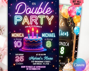Join Party Birthday Invitation, Sibling Birthday Party, Double Birthday Invitation, Join Birthday Party invite Editable Canva Template