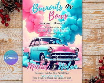 Könnte beinhalten: Eine Einladung zur Geschlechtsenthüllung mit einem Oldtimer-Design. Die Einladung zeigt den Text "Burnouts or Bows" mit rosa und blauen Rauchwolken. Die Einladung enthält die Namen "Michel & Nolan" und Veranstaltungsdetails.