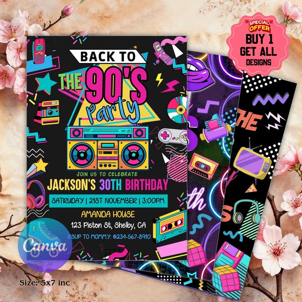 Editable 90s Birthday Party Invitation back to the 90s Neon party glow dance disco 2000s birthday 90s instant download, 90s Design Invite