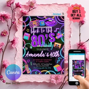 Editable 80s Birthday Party Invitation, Back To The 80s, Throwback Party, Neon Party, Glow Dance, 2000s Birthday, 80s Invitation