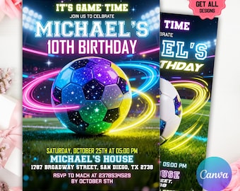 Neon Soccer Invitation, Neon Soccer Invite, Sports Invitation, Football Digital Invite, Sneakerball Birthday Invite, Editable Canva Template