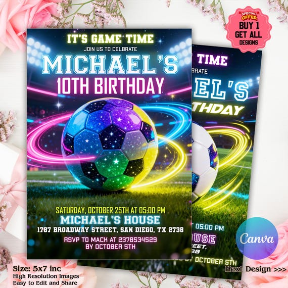 Neon Soccer Invitation, Neon Soccer Invite, Sports Invitation, Football Digital Invite, Sneakerball Birthday Invite, Editable Canva Template