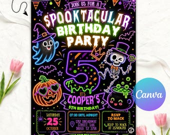 May include: A black Halloween-themed birthday invitation card featuring neon-style graphics of a ghost, a pumpkin with heart-shaped glasses, and a skeleton. The text reads Spooktacular Birthday Party, 5, It's Cooper's 5th Birthday, and event details.