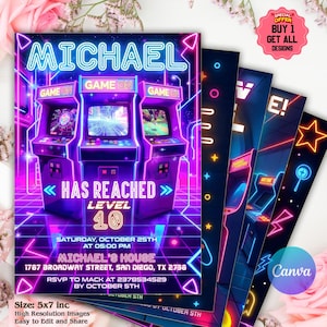 May include: A neon-themed invitation design featuring arcade game machines. The invitation is for a birthday party, with the name "MICHAEL" at the top. The invitation is 5x7 inches and includes the party details. The design has a retro video game aesthetic.