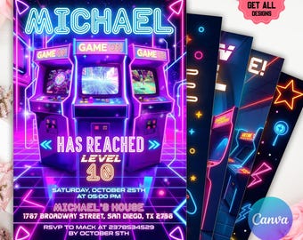 Arcade Invitation,Arcade Birthday Invitation,Arcade Party,Arcade Neon Game Invite,Instant Download,Printable,Editable,Canva Template