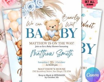 Bär-Babyparty-Einladung, blauer Junge Boho Bär-Babyparty-Einladung, wir können Bären-Einladung warten, blauer Bär einladen, Canva bearbeitetbar
