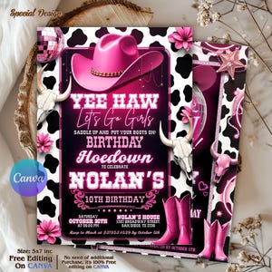 Pink Cowgirl Birthday Invitation, Cowgirl Hoedown Birthday Party Invite, Pink Disco Cowgirl Hoedown Party, Nashville, Disco Rodeo Invite