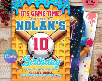 Invitación de cumpleaños de béisbol, plantilla editable de Canva, invitación digital de cumpleaños de béisbol, acceso y descarga instantáneos.