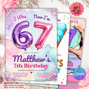Könnte beinhalten: Eine Sammlung von Geburtstagseinladungen. Die Hauptkarte zeigt einen lila "6" und rosa "7" Ballon, mit dem Text "I Was 67, Now I'm" und "Matthew's 7th Birthday". Zusätzliche Designs sind sichtbar.