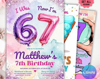 Six Seven-verjaardagsuitnodiging, 67 meme-verjaardag, I was 6 now I'm 7 Party Invite, Six Seven Neon-verjaardagsuitnodiging voor kinderen, bewerkbaar canvas