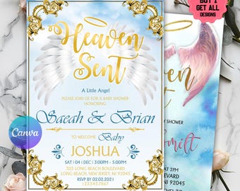 A Little Peace of Heaven Angel Baby Shower Invitation:Heaven Sent Baby Shower Invitation, Theme Editable Printable Download Digital Heaven