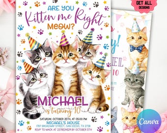 Editable Cat Birthday Invitation, Cat Theme Birthday Invitation, Are You Kitten Me Birthday, Paw-ty Birthday Invite, Rainbow, Digital