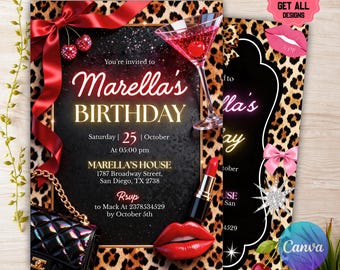 Cheetah Cherries Birthday Invitation Neon Pink Red Leopard, Glam Girls Night Out, Bachelorette, Editable Canva Template