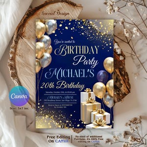 Editable Royal Blue Birthday Invitation for Men, Printable Blue Birthday Party Invitation, Balloon Royal Blue Invitation, Balloon Royal Blue