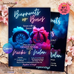 Burnouts or Bows Gender Reveal Baby Shower Invitation, Boy or Girl, He or She Gender Reveal Invite, Burnouts or Bows invitation