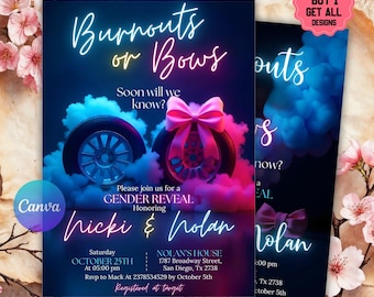 Burnouts of strikken Gender Reveal uitnodiging babyshower, jongen of meisje, hij of zij gender Reveal uitnodiging, uitnodiging burn-outs of strikken
