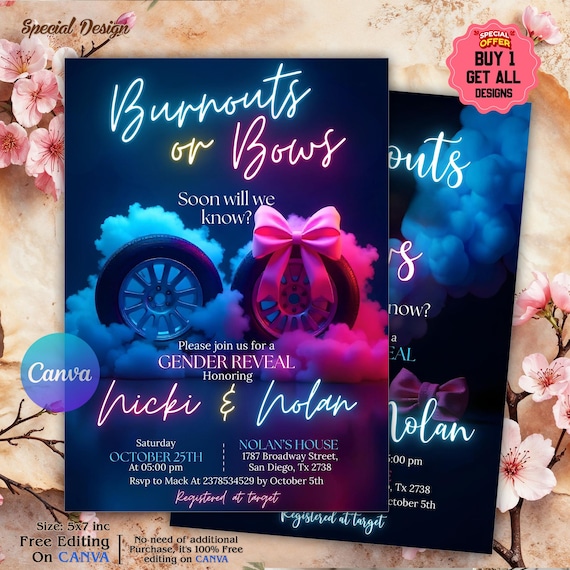Burnouts or Bows Gender Reveal Baby Shower Invitation, Boy or Girl, He or She Gender Reveal Invite, Burnouts or Bows invitation
