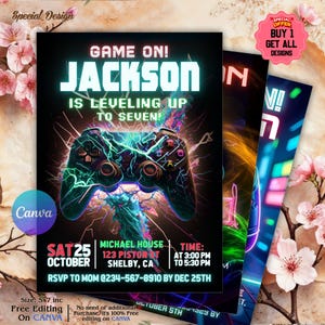 Gamer Editable Video Game Birthday Invitation, Gamer Girl Birthday Party, Glow Game Party LEVEL UP INVITE, Neon Game Level Up Birthday Party