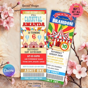 May include: Two carnival-themed birthday party invitations. One is for Amanda's 6th birthday, the other for Brandon's 10th. Both feature circus tents, balloons, and a clown. The invitations are 6.35 cm x 17.78 cm.