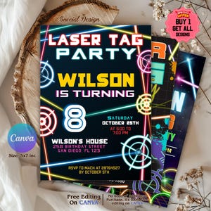 Editable Laser Tag Birthday Invitation, Laser Tag Party Invite Template, Neon Laser Party Invitation, Neon Glow Birthday Invitation