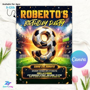 Neon Soccer 9th Invitation, Neon Soccer Invite, Sports Invitation, Football Digital Invite, Sneakerball Birthday Invite, Editable Canva