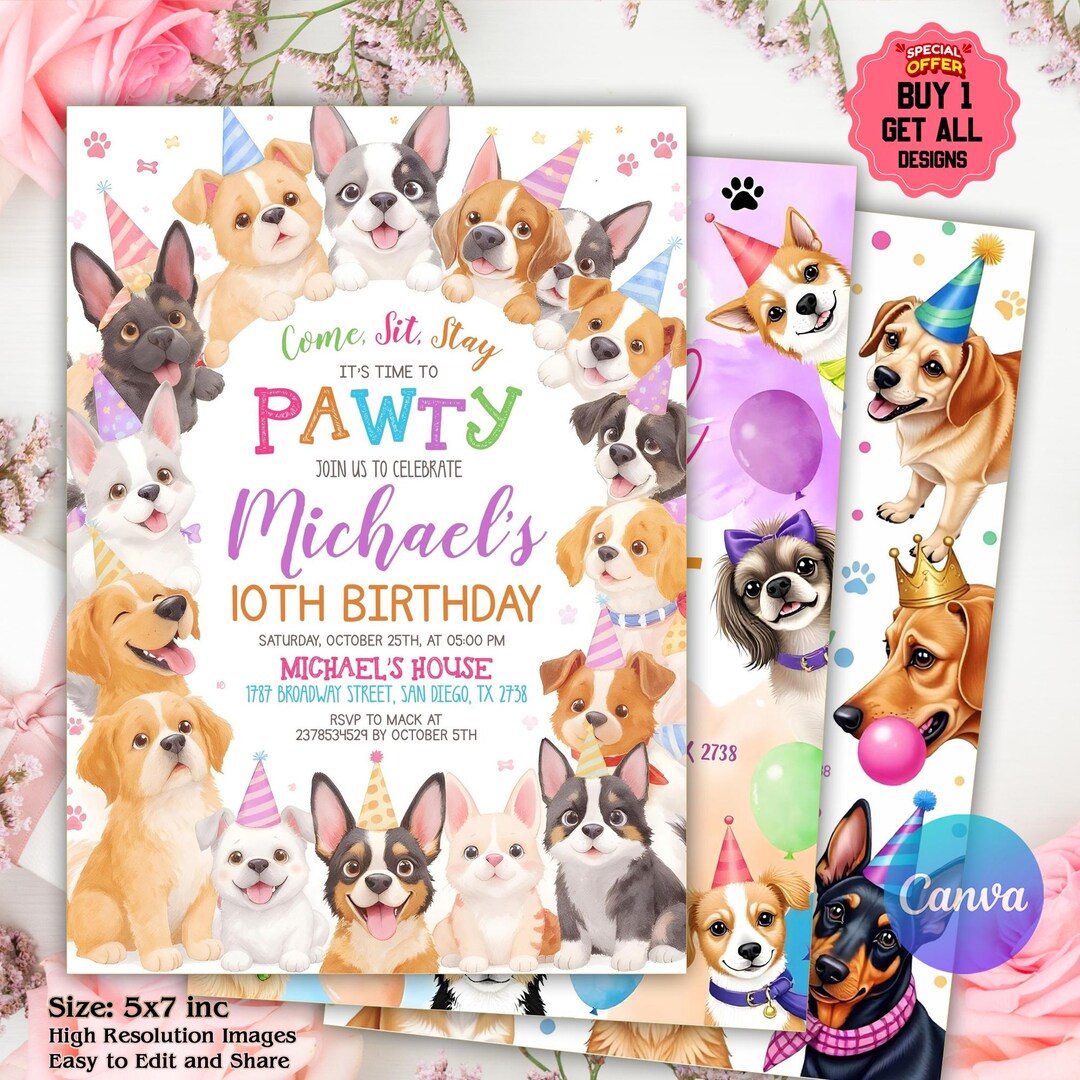 Dog Birthday Invitation Let's Pawty Invite Editable Dog Theme Birthday ...