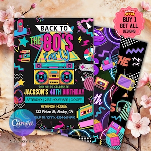 以下が含まれることがあります： 80年代をテーマにした招待状のセット。メインの招待状には、ブームボックス、星、そして「Back to the 80's Party」の文字と、ジャクソンの40歳の誕生日の詳細が記載されています。追加のデザインには、ネオンのグラフィックと「Buy 1 Get All Designs」の文字が含まれています。