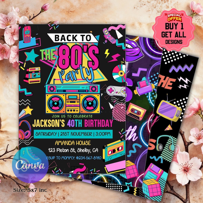 Editable 80s Birthday Party Invitation, Back To The 80s, Throwback Party, Neon Party, Glow Dance, 2000s Birthday, 80s Invitation