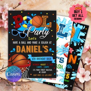 Puede incluir: Invitación a una fiesta en la piscina con gráficos de baloncesto y gafas de sol. La invitación incluye el texto "Pool Party", "Daniel's 6th Birthday Bash" y los detalles del evento. El diseño es de 12,7 x 17,8 cm.