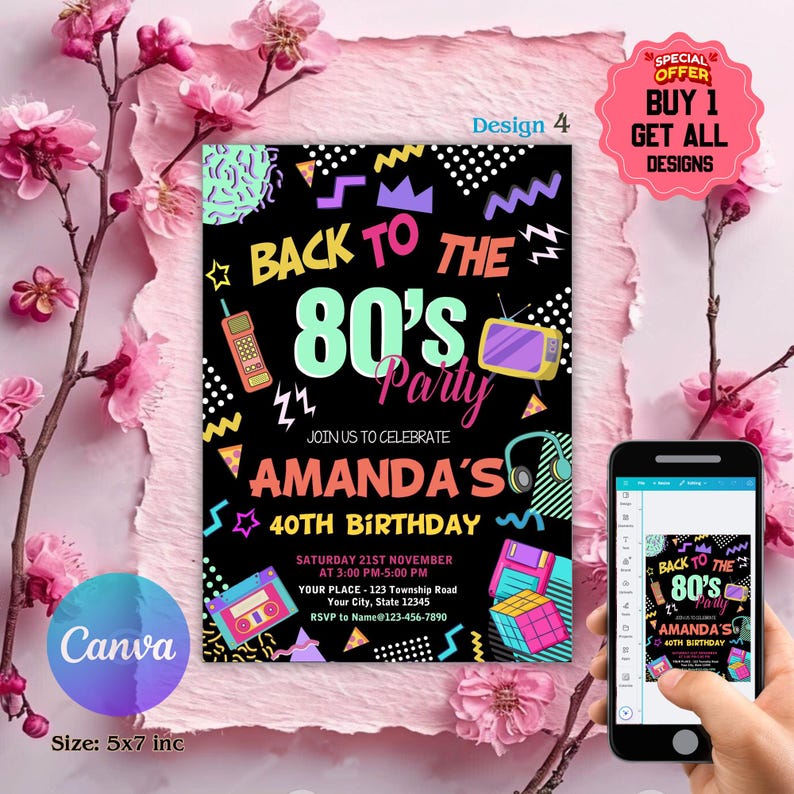 Editable 80s Birthday Party Invitation, Back To The 80s, Throwback Party, Neon Party, Glow Dance, 2000s Birthday, 80s Invitation