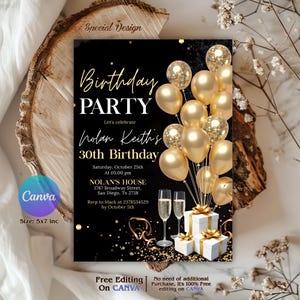 Birthday Dinner Invitation,Dinner Invitation,Birthday Dinner Party Black Golden Diamond For Men and Women,Instant Download,Editable,Canva
