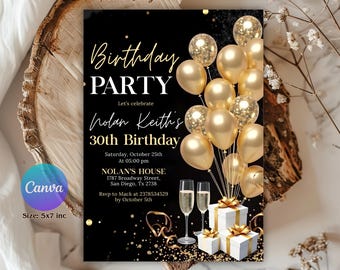 Birthday Dinner Invitation,Dinner Invitation,Birthday Dinner Party Black Golden Diamond For Men and Women,Instant Download,Editable,Canva