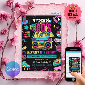 Editable 80s Birthday Party Invitation, Back To The 80s, Throwback Party, Neon Party, Glow Dance, 2000s Birthday, 80s Invitation