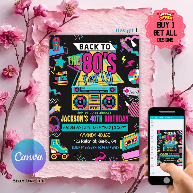 Editable 80s Birthday Party Invitation, Back To The 80s, Throwback Party, Neon Party, Glow Dance, 2000s Birthday, 80s Invitation