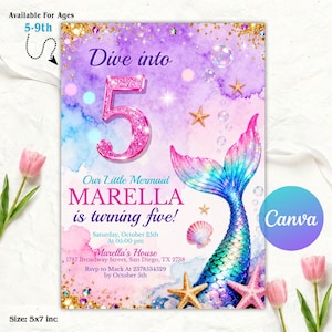 Dive into Five 5th Birthday Mermaid Invitation,Mermaid 5th Girl Invitation,Editable Canva,Under The Sea Mermaid Tail Invite, 6th 7th 8th 9th